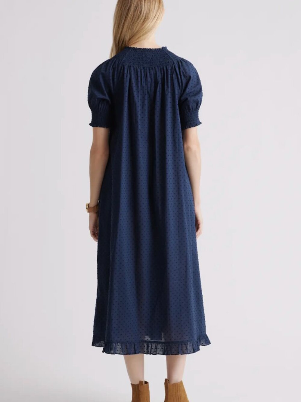 Quince 100% Cotton Swiss Dot Midi Dress Navy Medium NWOT - Picture 2 of 14